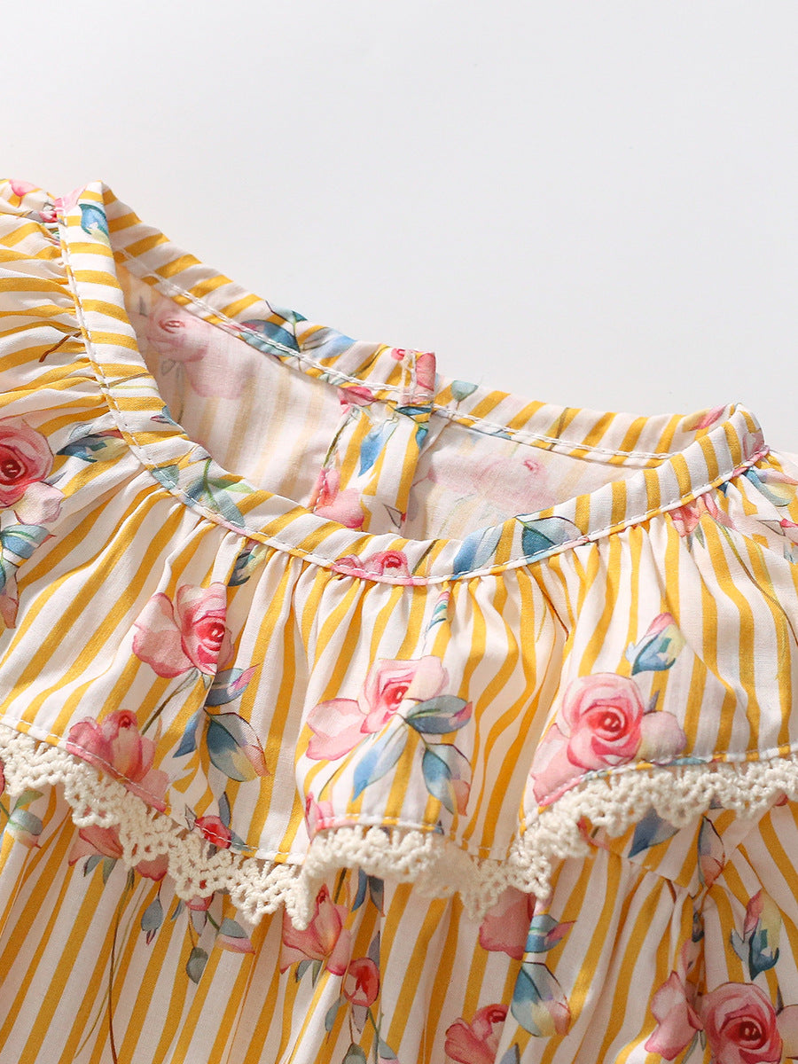 Design Autumn Girls Flowers Pattern Big Collar Long Sleeves Striped Dress-2