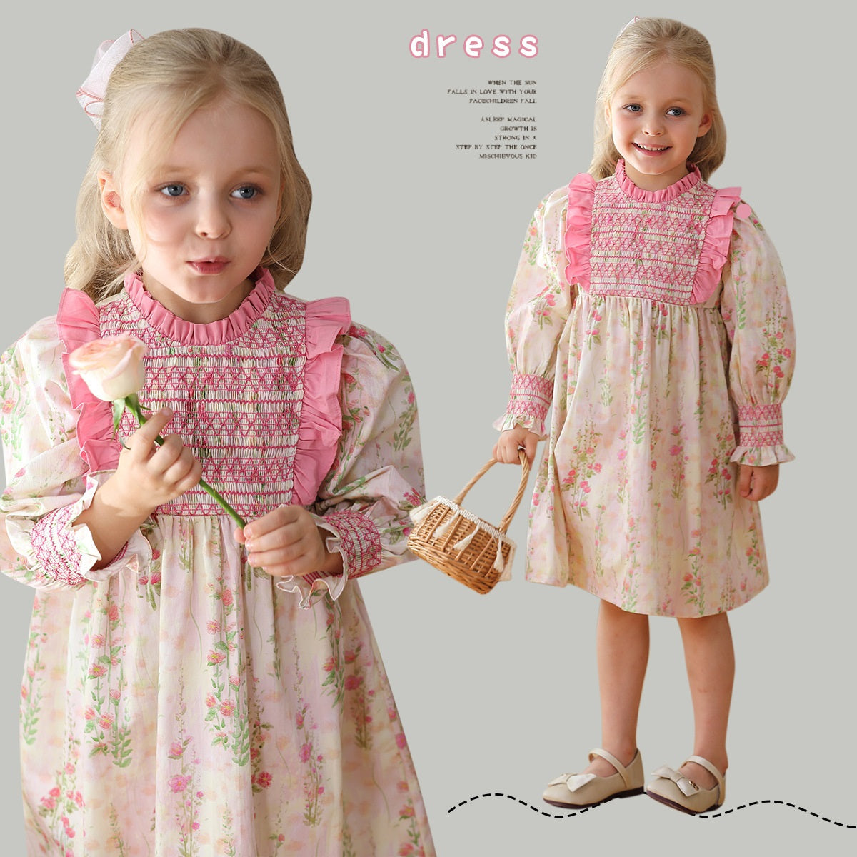 Design Autumn Girls Fashion Floral Long Puff Sleeves Ruffle Neck Dress-1