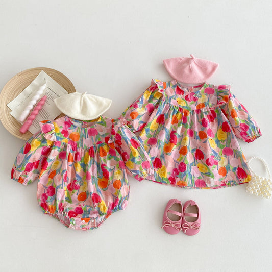 Autumn New Arrival Baby Girls Long Sleeves Vivid Floral Print Colorful Onesies and Dress-0