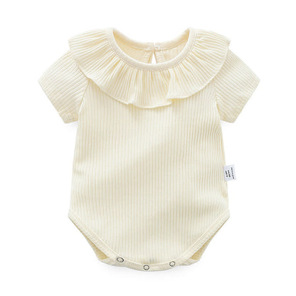 Baby Girl Solid Color Ruffle Design Short Sleeve O-Neck Onesies
