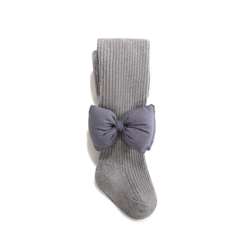 Baby Girls Kids Solid Color Striped Pattern Design Double Thick Bows Pantyhose