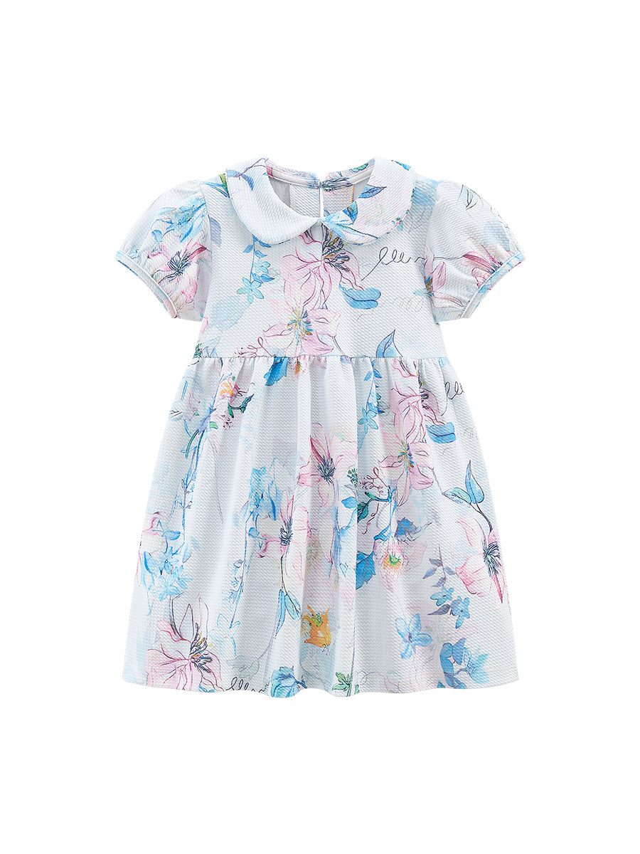 Spring And Summer Baby Girls Peter Pan Collar Short Sleeves Floral Dress