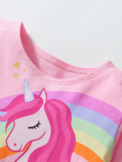 Design Autumn Girls Unicorn Cartoon Pattern Crew Neck Long Sleeves Rainbow Colorful Tulle Patchwork Dress