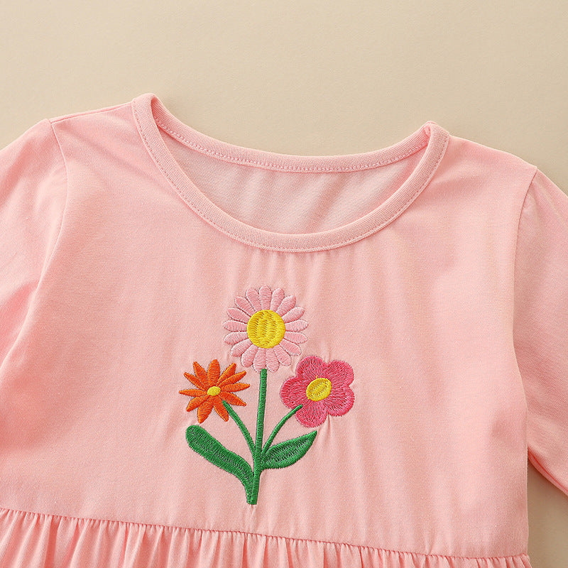 Adorable Floral Embroidered Dress: A Sweet Round Neck Princess Dress For Girls