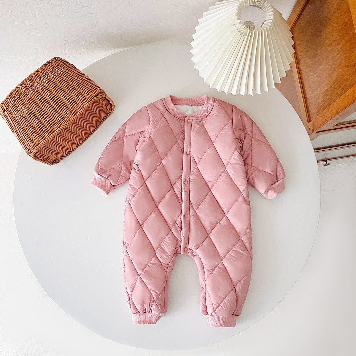 Baby Solid Color Quilted Long Sleeve Thickened Cotton Jumpsuit
