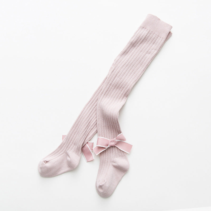 Baby Girls Kids Solid Color Striped Pattern Design Double Bows Pantyhose