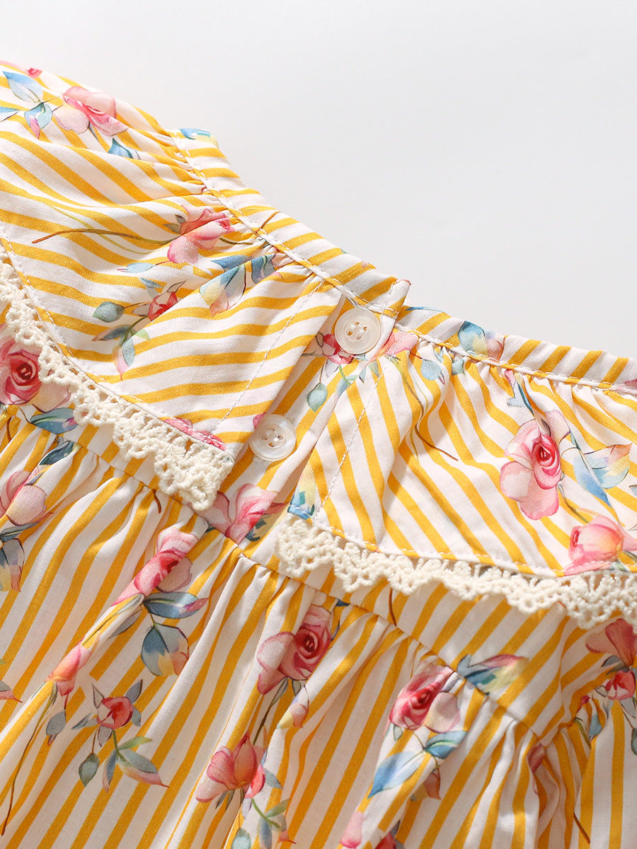 Design Autumn Girls Flowers Pattern Big Collar Long Sleeves Striped Dress-3