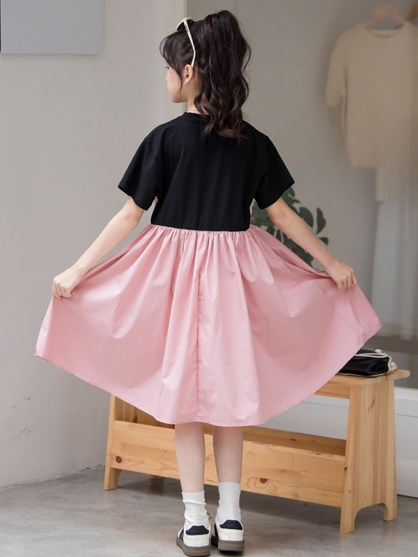 New Arrival Summer Kids Girls Fashion Color Patchwork Cotton Short Sleeves Dress-1