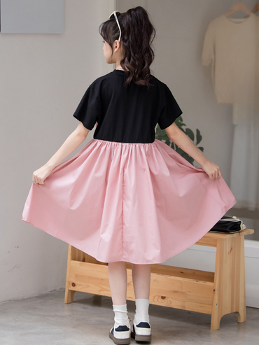 New Arrival Summer Kids Girls Fashion Color Patchwork Cotton Short Sleeves Dress-1