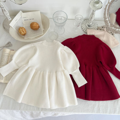 Baby Girl Solid Lantern-Sleeved Knitting Dress In Autumn