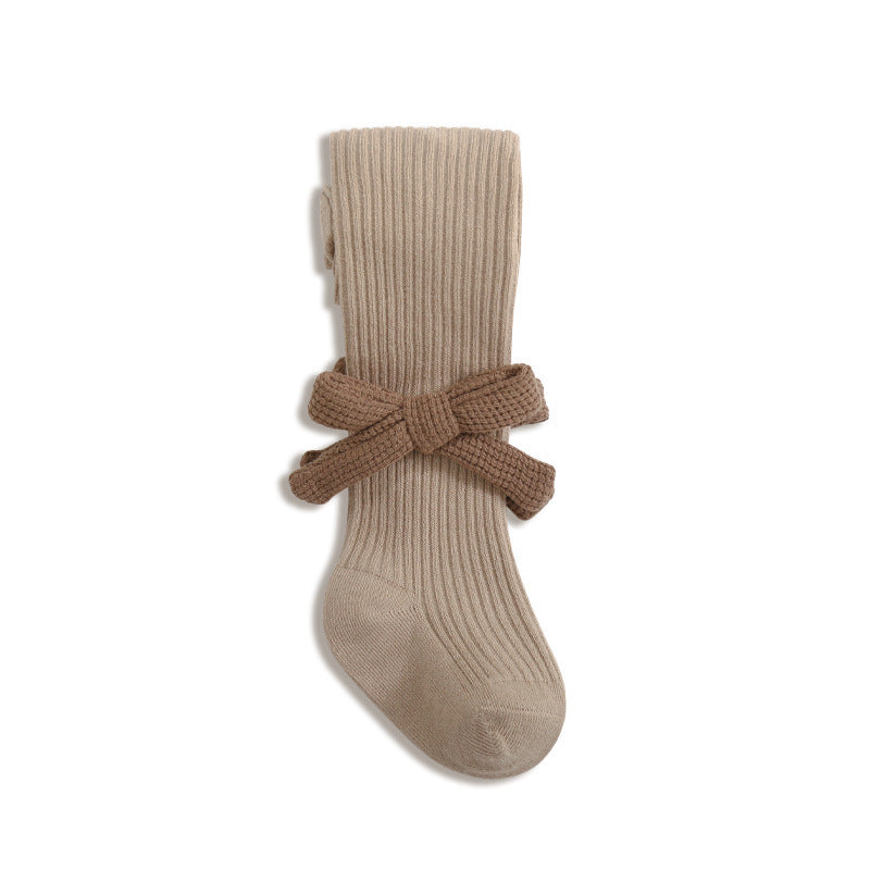 Baby Girls Kids Solid Color Striped Pattern Design Knitting Bows Pantyhose