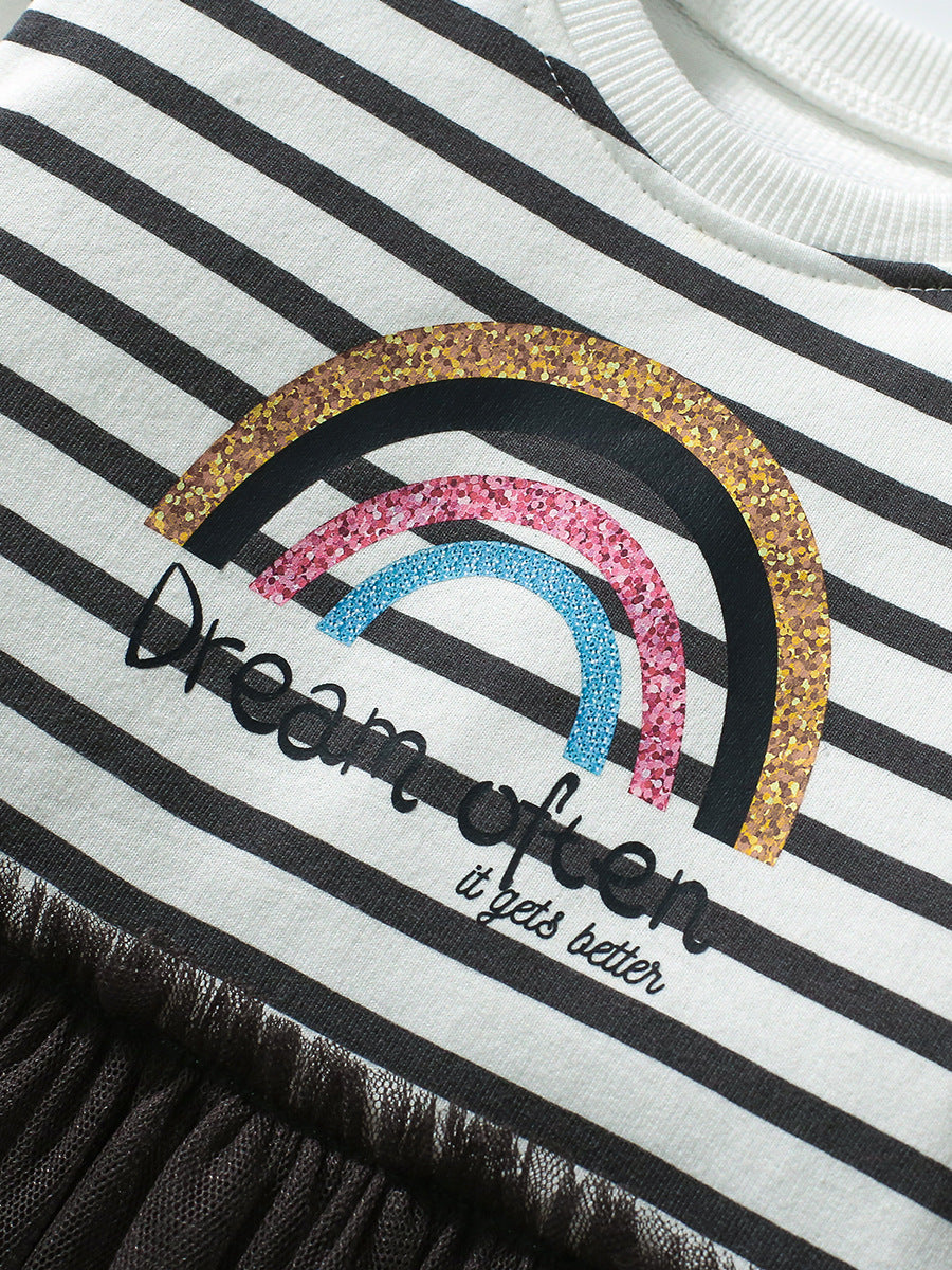 Best Selling Autumn Girls Rainbow And Striped Pattern Crew Neck Long Sleeves Tulle Patchwork Dress-3