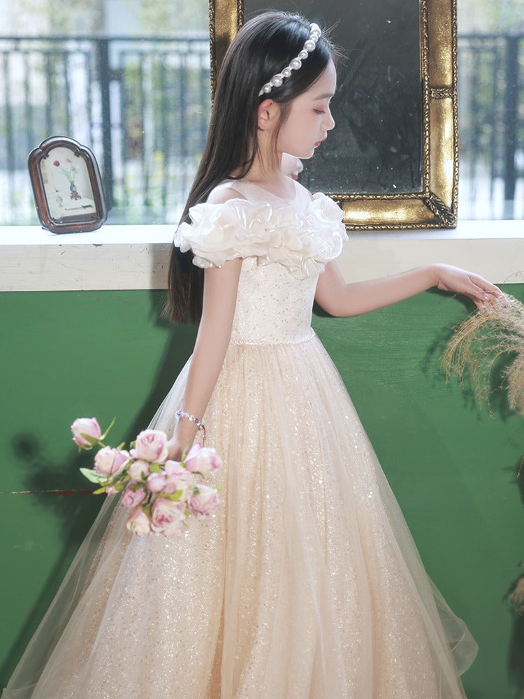Champagne Tulle Hostess One-Shoulder Evening Gown For Girls: Perfect Attire For Piano Performances-1