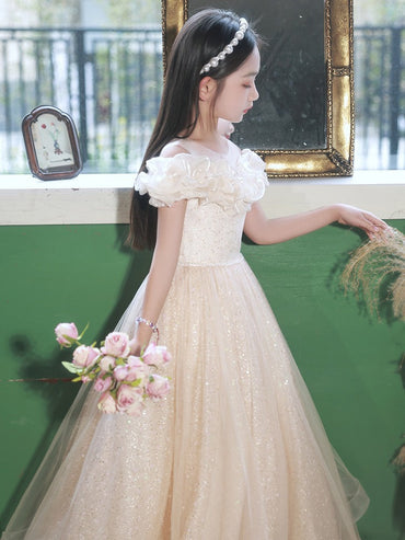 Champagne Tulle Hostess One-Shoulder Evening Gown For Girls: Perfect Attire For Piano Performances-1