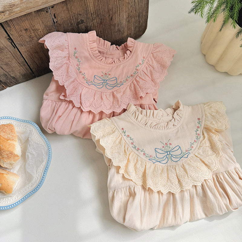 Design Autumn Girls Flowers and Bows Embroidery Ruffle Neck Long Sleeves French Style Dress