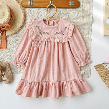 Autumn Kids Girls Vintage Flowers Embroidered Long Sleeves Dress