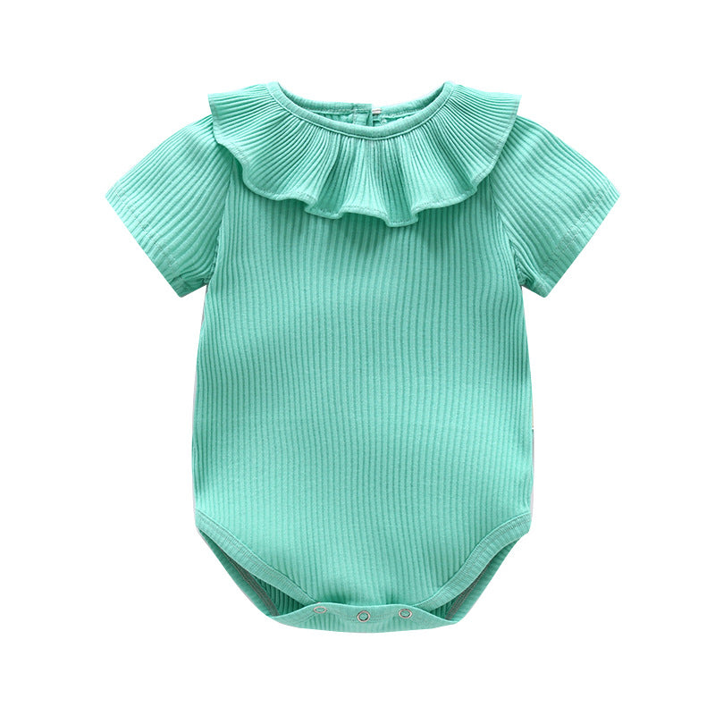 Baby Girl Solid Color Ruffle Design Short Sleeve O-Neck Onesies