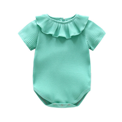 Baby Girl Solid Color Ruffle Design Short Sleeve O-Neck Onesies