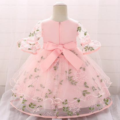 Baby Girl Embroidered Pattern Medium Sleeves One Year Old Tutu Formal Dress-1