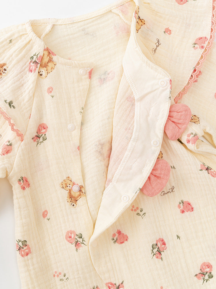 Autumn New Arrival Baby Girls Flowers and Teddy Pattern Butterfly Bows Attached Romper-3