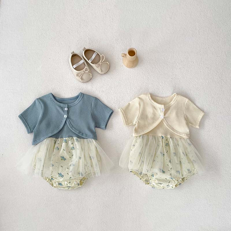 New Arrival Summer Baby Kids Girls Solid Color Short Sleeves Cardigan And Sleeveless Strap Tulle Onesies – Sister Matching Set