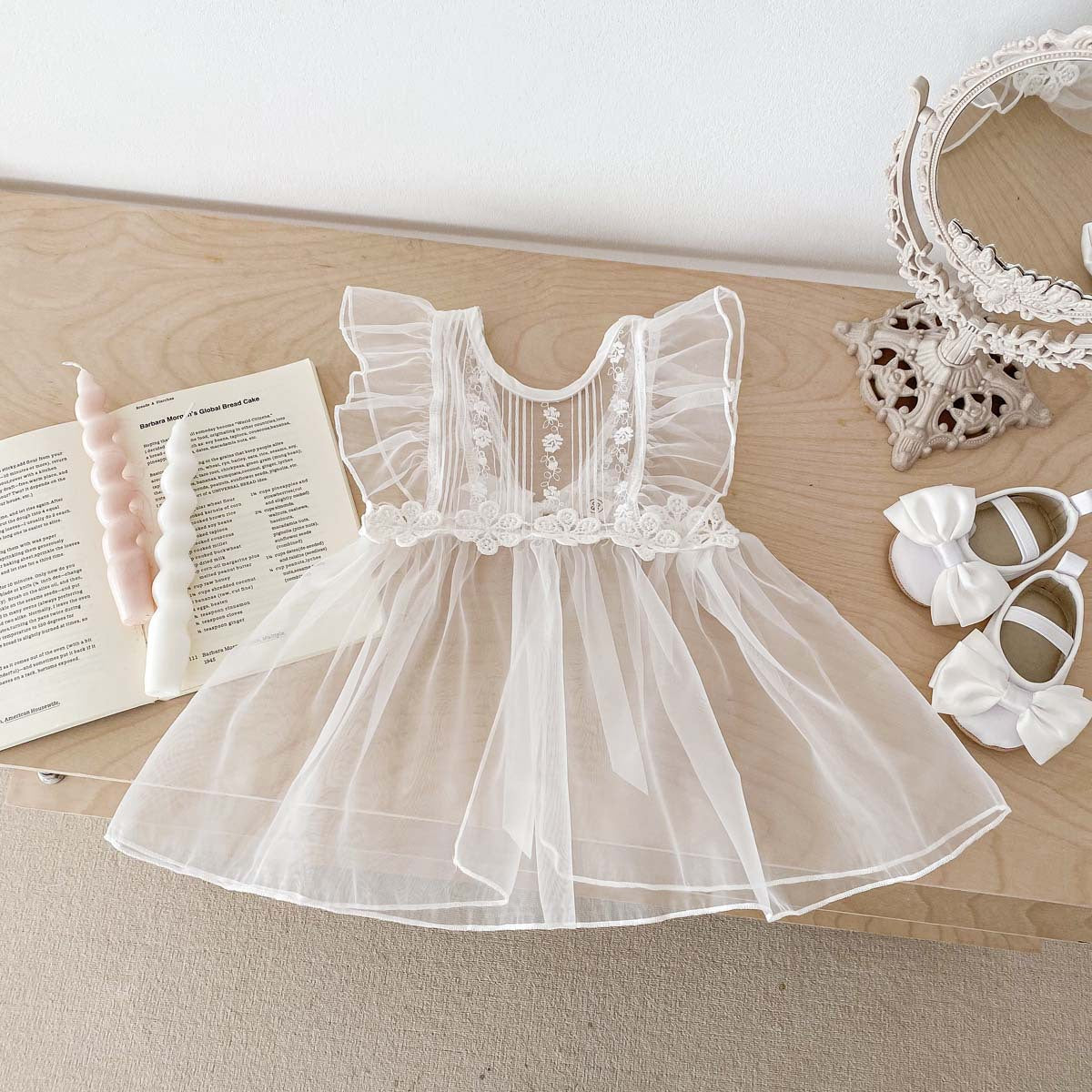 Spring Baby White Embroidery Lace Mesh Princess Onesie Dress For Girls
