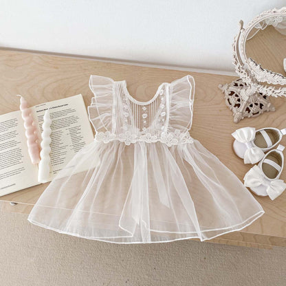 Spring Baby White Embroidery Lace Mesh Princess Onesie Dress For Girls