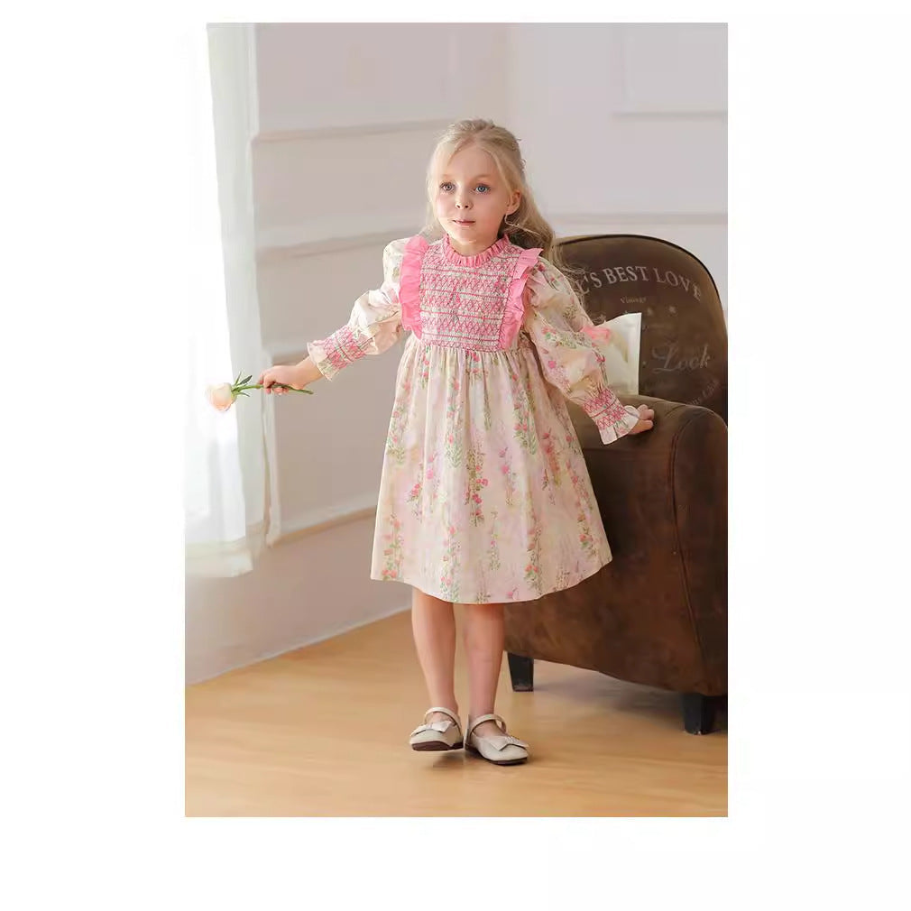 Design Autumn Girls Fashion Floral Long Puff Sleeves Ruffle Neck Dress-2