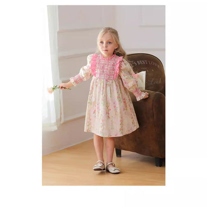 Design Autumn Girls Fashion Floral Long Puff Sleeves Ruffle Neck Dress-2