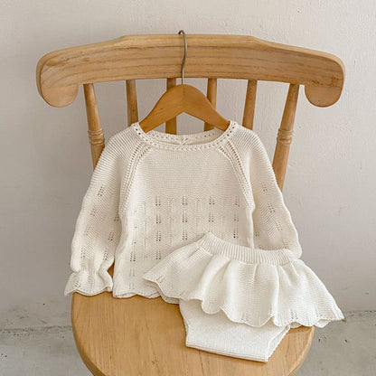 Autumn Hollow Carved Design Solid Color Knitted Sets