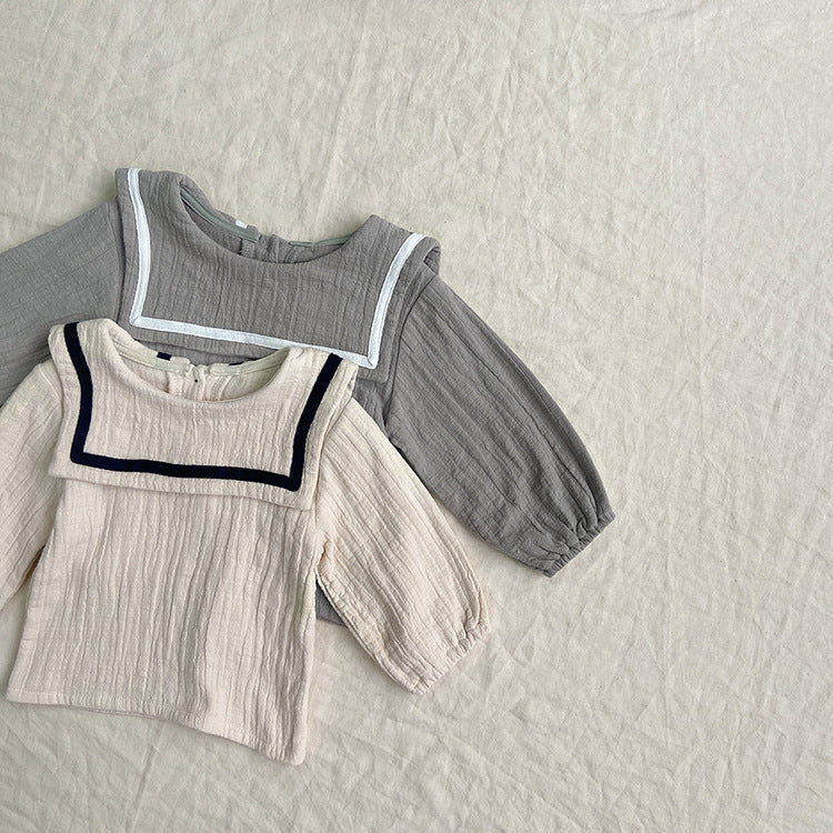 Baby Girl Solid Color Big Lapel Design Shirt Combo Shorts Sailor Style Sets-3