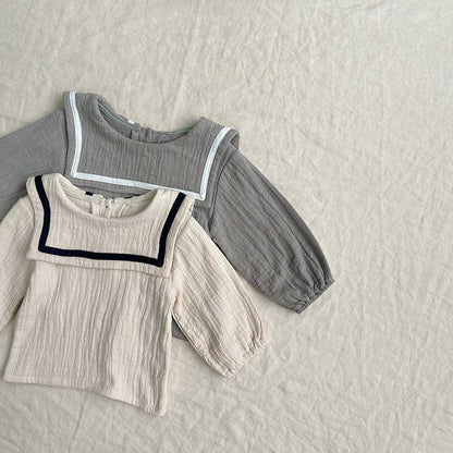 Baby Girl Solid Color Big Lapel Design Shirt Combo Shorts Sailor Style Sets-3