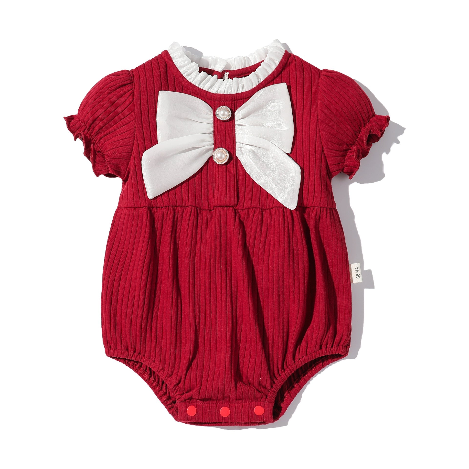 Baby Girls Solid Color Lace Design Puff-Sleeved Fashion Onesies With Bow Decoration In Summer-2