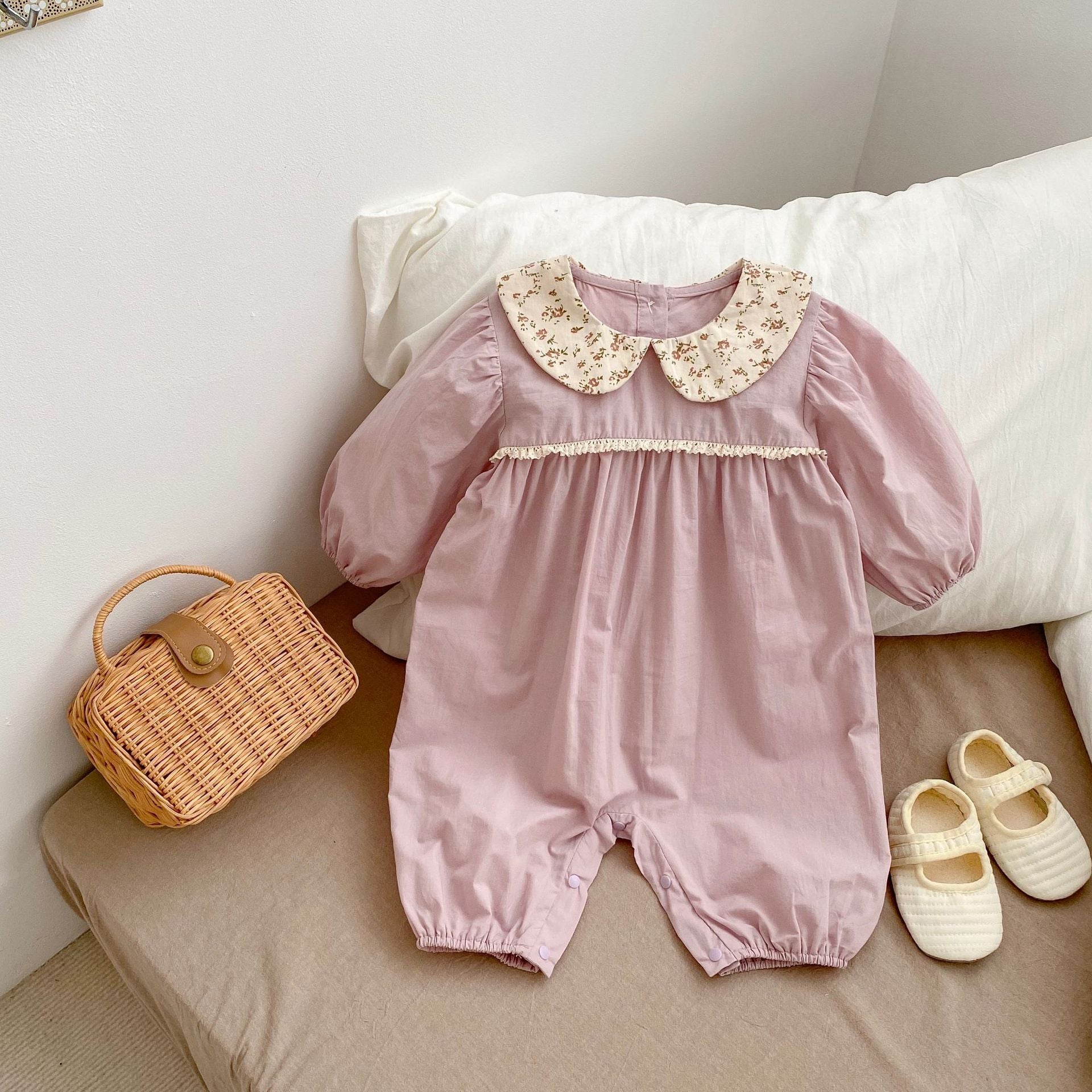 Baby Solid Color Doll Neck Mesh Patched Design Romper