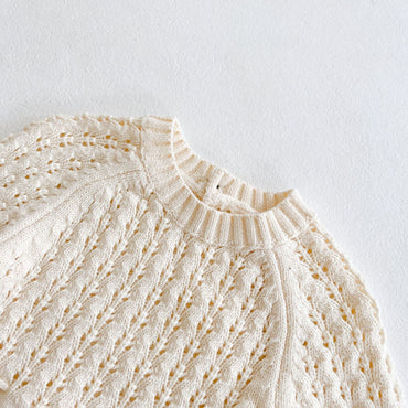 Baby Girl 1pcs Hollow Carved Hand Knitted Fabric Belted Waist Long Sleeve Crotch Onesies