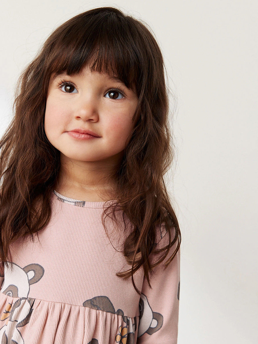 Arrival Autumn Girls Long Sleeves Cartoon Panda Pattern Crew Neck Dress