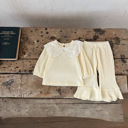 Spring Baby Kids Girls Hollow-Out Collar Top And Flared Pants Clothing-2