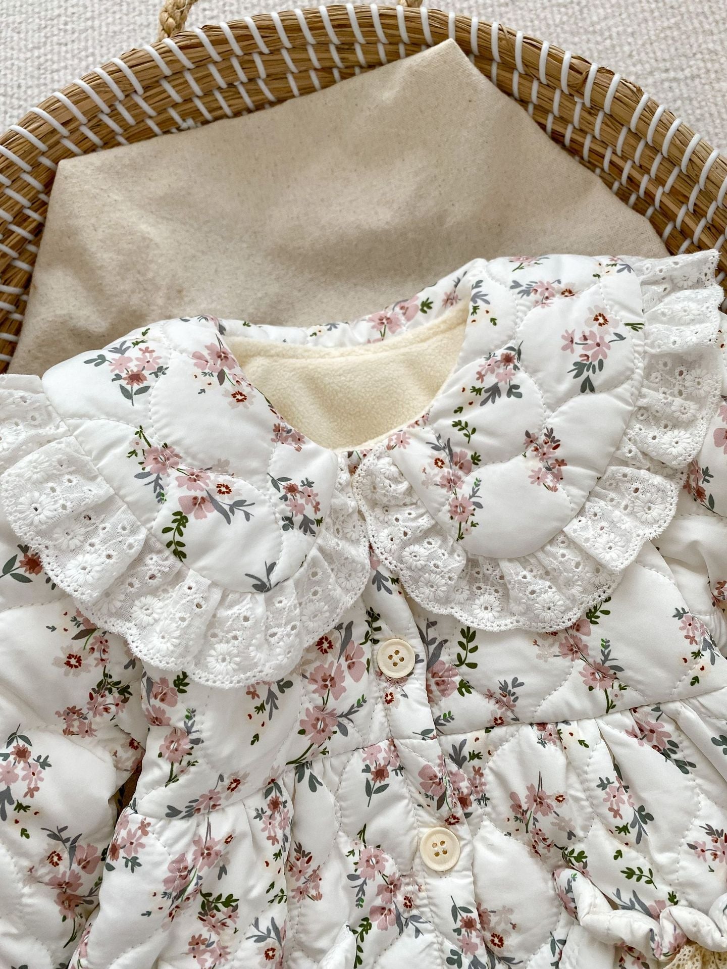 Infant Baby Girl Floral Combo Laces Warm Thicken Long Sleeve Jumpsuit