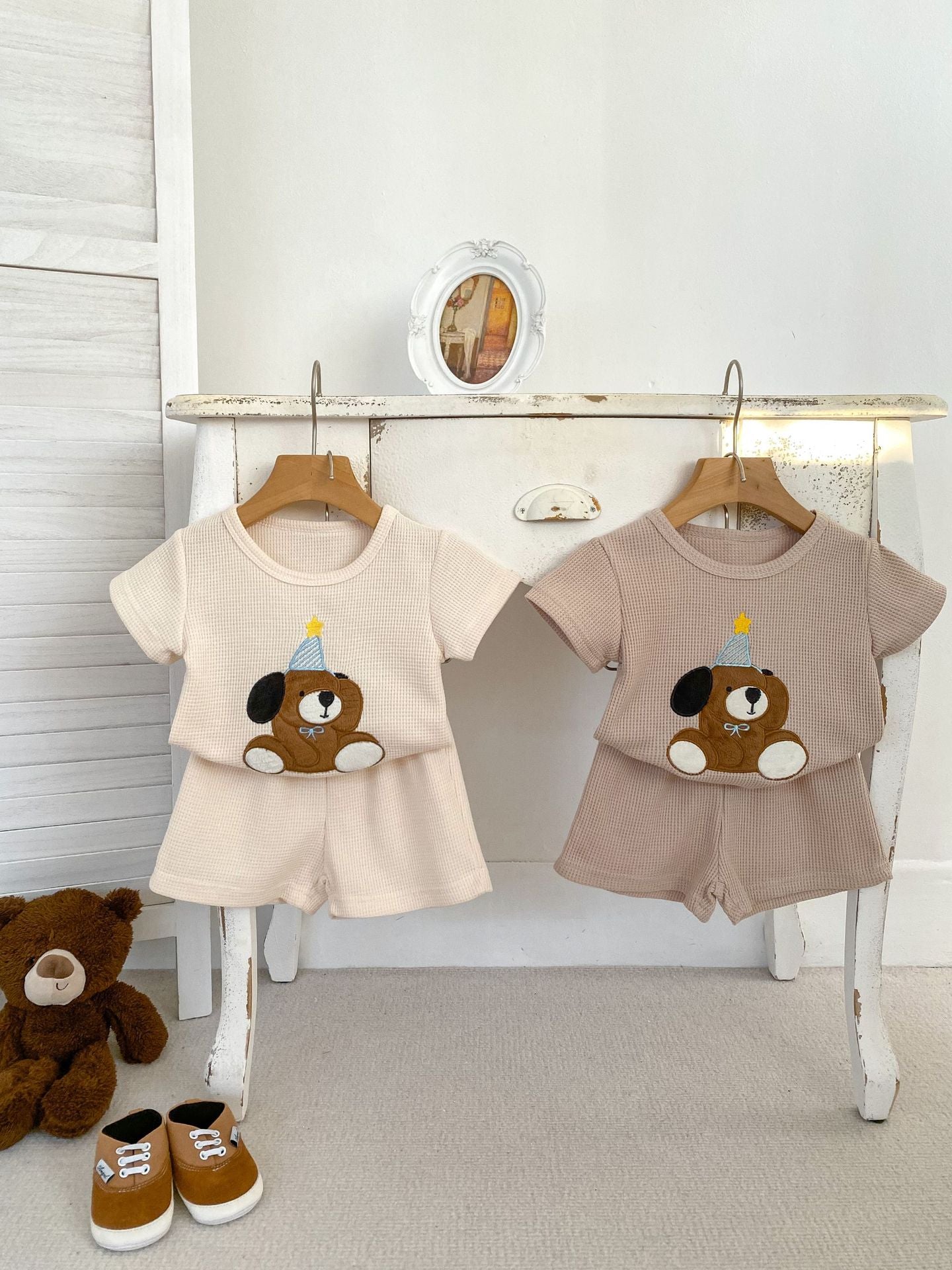 Baby Kids Boys Cute Teddy Pattern Short Sleeves Top And Solid Color Shorts Casual Clothing Set-3
