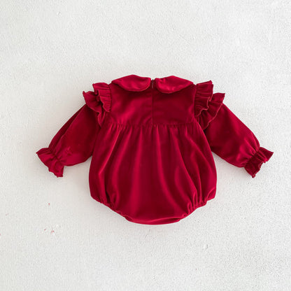 Newborn Baby Girls Peter Pan Collar Long Ruffle Sleeves Star Knitted Onesie