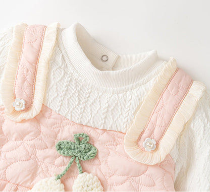 Winter Baby Thick Home Clothes Pink-White Patchwork Romper With Hat-2