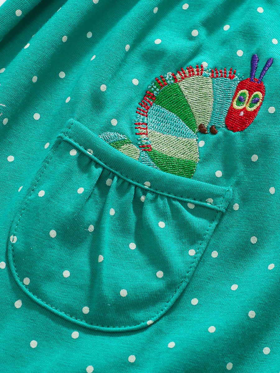 Design Autumn Girls Fruits And Flowers Pattern Crew Neck Long Sleeves Green Dress-3