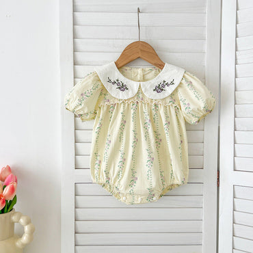 New Design Summer Baby Kids Girls Floral Striped Pattern Short Sleeves Embroidered Onesies And Girls’ Dress – Princess Sister Matching Set