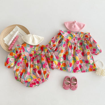 Autumn New Arrival Baby Girls Long Sleeves Vivid Floral Print Colorful Onesies and Dress-1