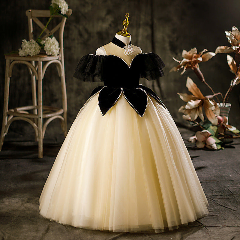 Princess Black Hostess Dress For Girls: Luxurious One-Shoulder Piano Performance Attire