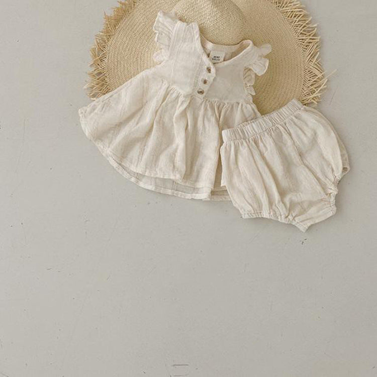 Summer Best Quality Baby Girls Fly Sleeves Simple Style Top Dress And Bloomers Clothing Set