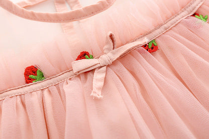 Baby Girl Strawberries Embroidered Mesh Overlay Design Bow Tie Patched Hundred Dress