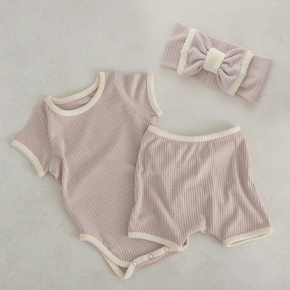 Baby Unisex Solid Color Comfy Cotton Onesies & Shorts Sets With Headband