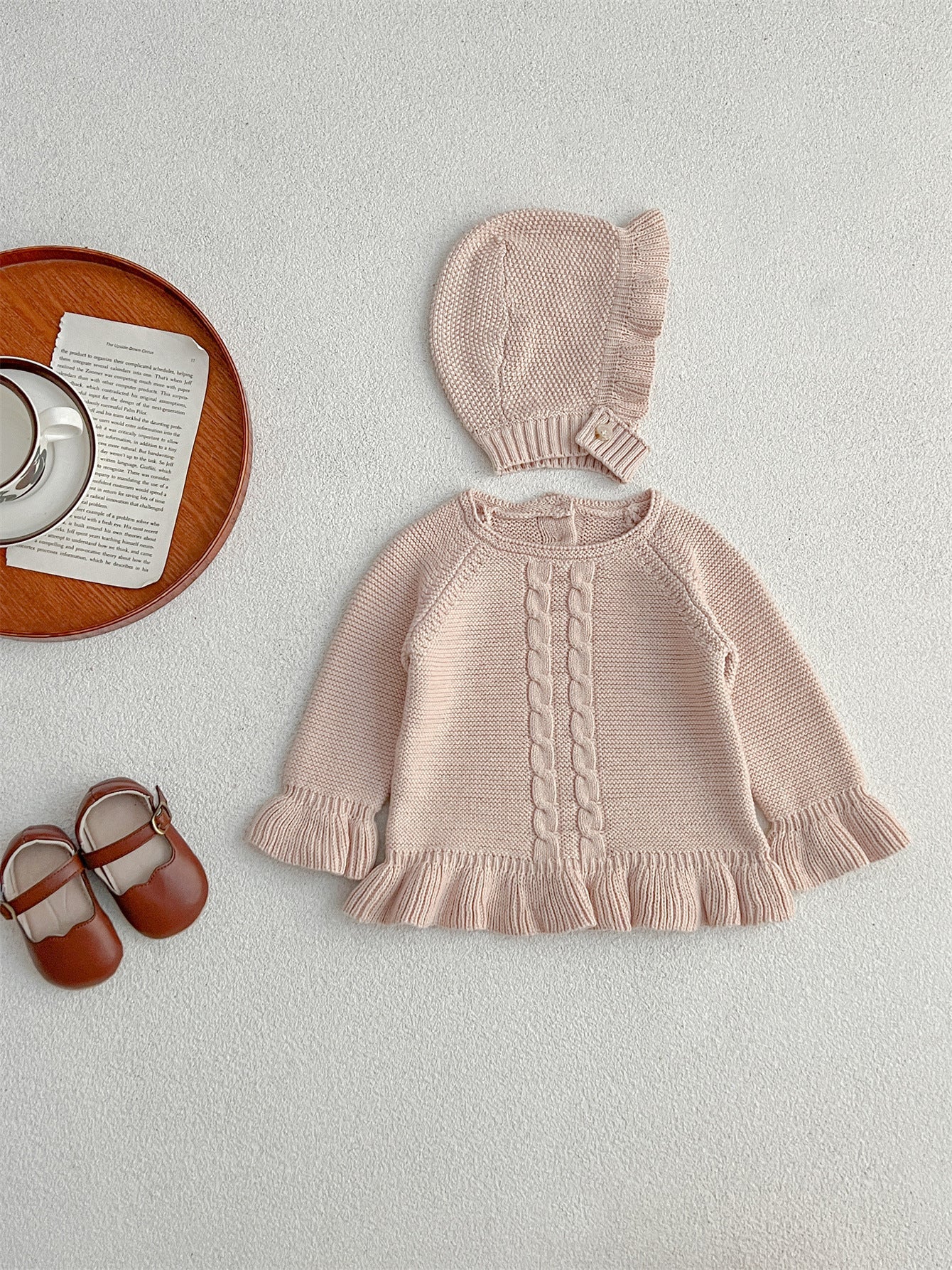 Simple Infant Baby Girls Knitted Long Flared Sleeves Pullover Sweater And Hat Set