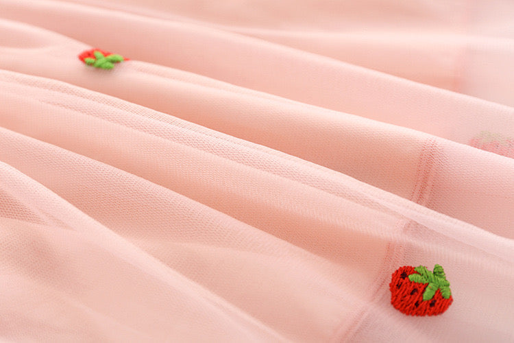 Baby Girl Strawberries Embroidered Mesh Overlay Design Bow Tie Patched Hundred Dress